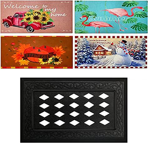 Sassafras door mats - Sassafras mats are constructed of durable rubber for a non-slip grip and extra protection against the elements. Now you can get a stunning seasonal selection of these top sellers in one convenient set. Includes four interchangeable mats and our signature mat tray. Each mat measures 10 x 22 inches. Mat tray measures 18 x 30 inches.